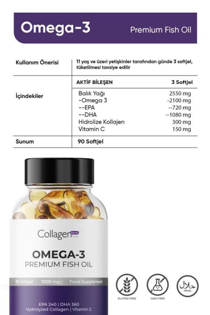 3 Adet Omega-3 Premium Fish Oil 90 Softgel X 1000mg, Balık Yağı, Hidrolize Kolajen