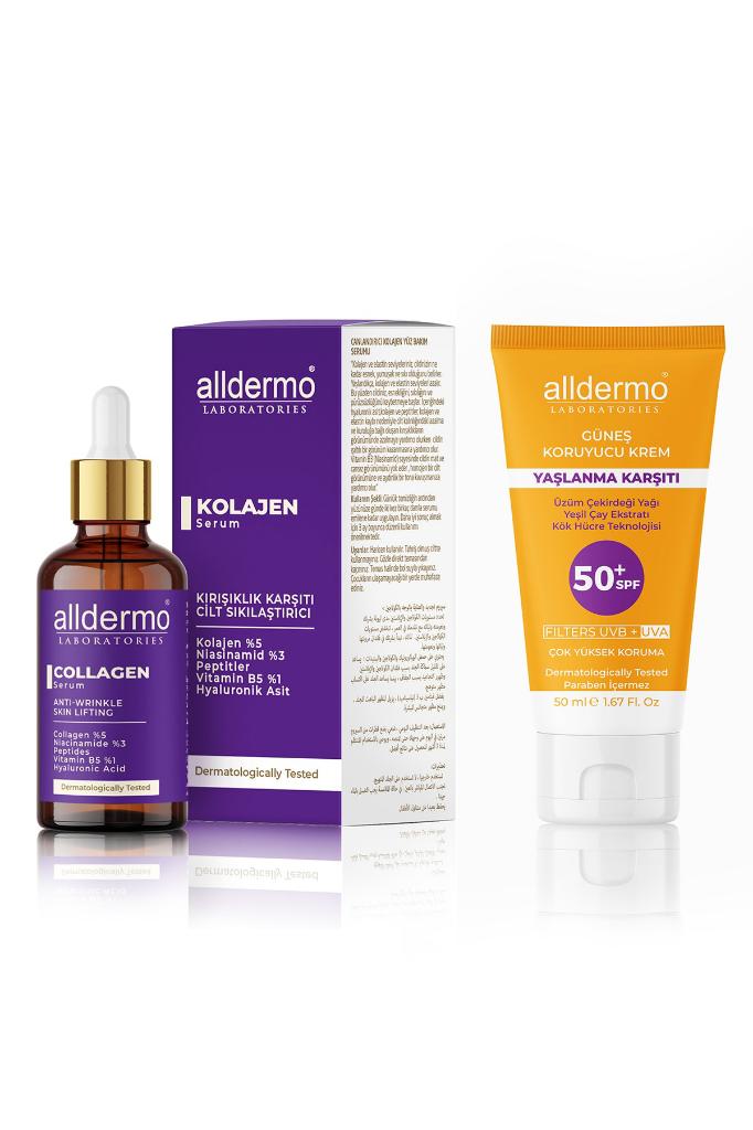 ALLDERMO GÜNEŞ KOLAJEN SETİ ( COLLAGEN SERUM + SPF 50 ANTİAGEİNG GÜNEŞ KREMİ) yaşlanma karşıtı