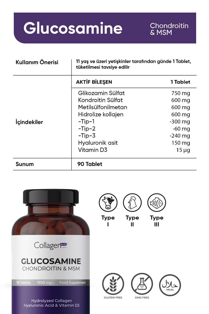 Collagen Forte Glucosamine, Chondroitin & Msm, Hidrolize Kolajen, Hyalüronik Asit Ve Vitamin D3, 90 Tablet