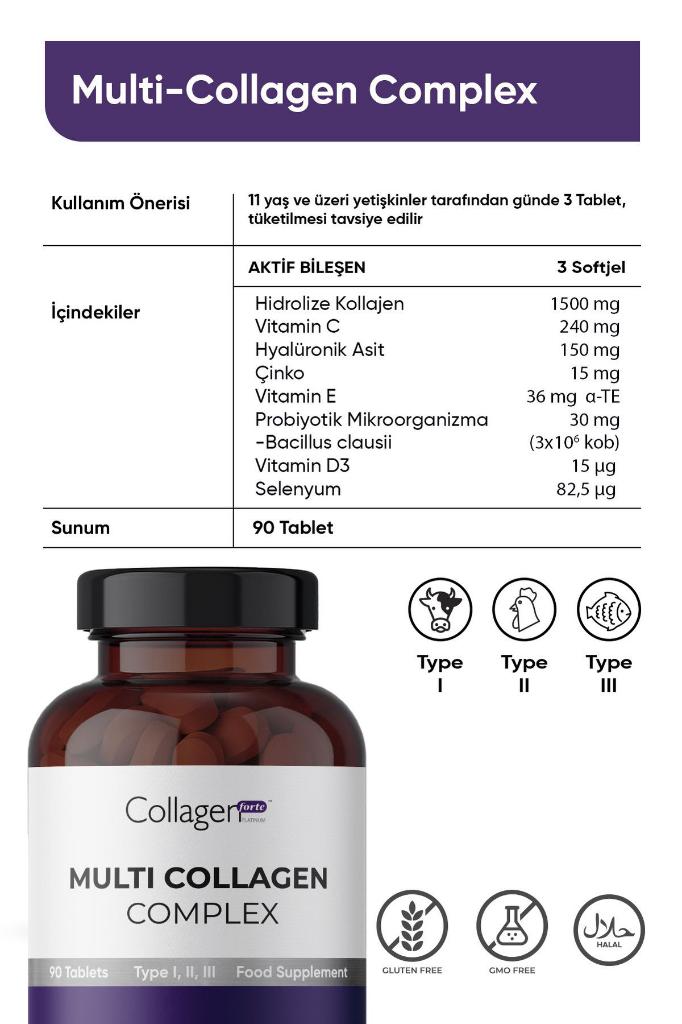 Collagen Forte Multi Collagen Complex, Hyalüronik Asit, Çinko, Selenyum, Vitamin C-e-d3 & Probiyotik, 90 Tablet