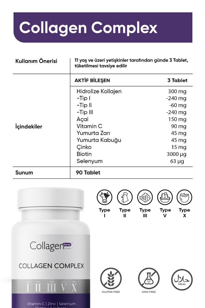 Collagen Forte Platinum Collagen Complex Tip 1,2,3,5 Ve Tip 10 Kolajen, Biotin, Çinko, Selenyum, Vitamin C & Açai, 90 Tablet