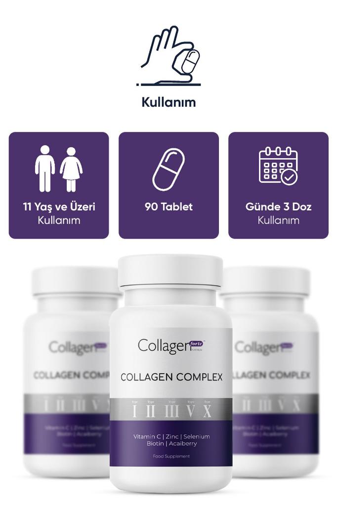 Collagen Forte Platinum Collagen Complex Tip 1,2,3,5 Ve Tip 10 Kolajen, Biotin, Çinko, Selenyum, Vitamin C & Açai, 90 Tablet