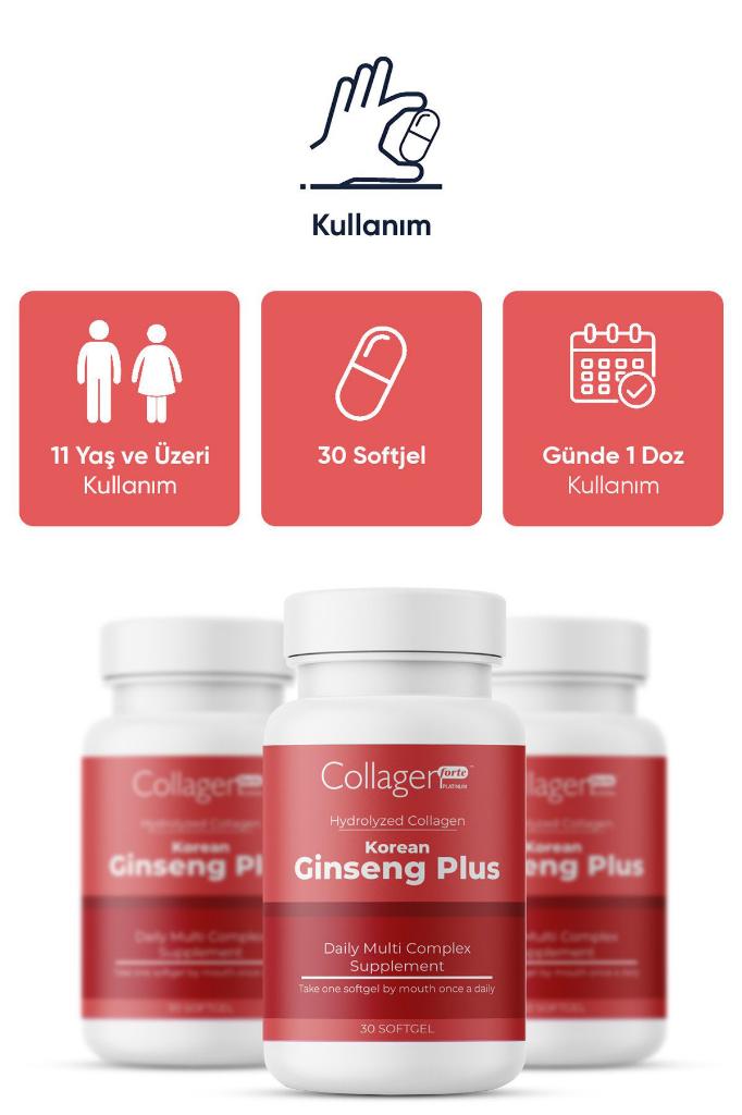 Kırmızı Kore Ginseng Plus, Hidrolize Kolajen, Vitamin B5-B6-B12 & Çinko, Softgel 1000mg