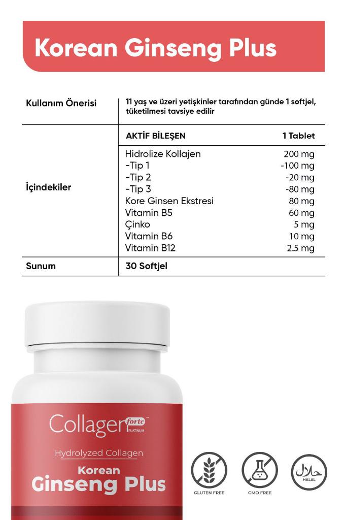 Kırmızı Kore Ginseng Plus, Hidrolize Kolajen, Vitamin B5-B6-B12 & Çinko, Softgel 1000mg