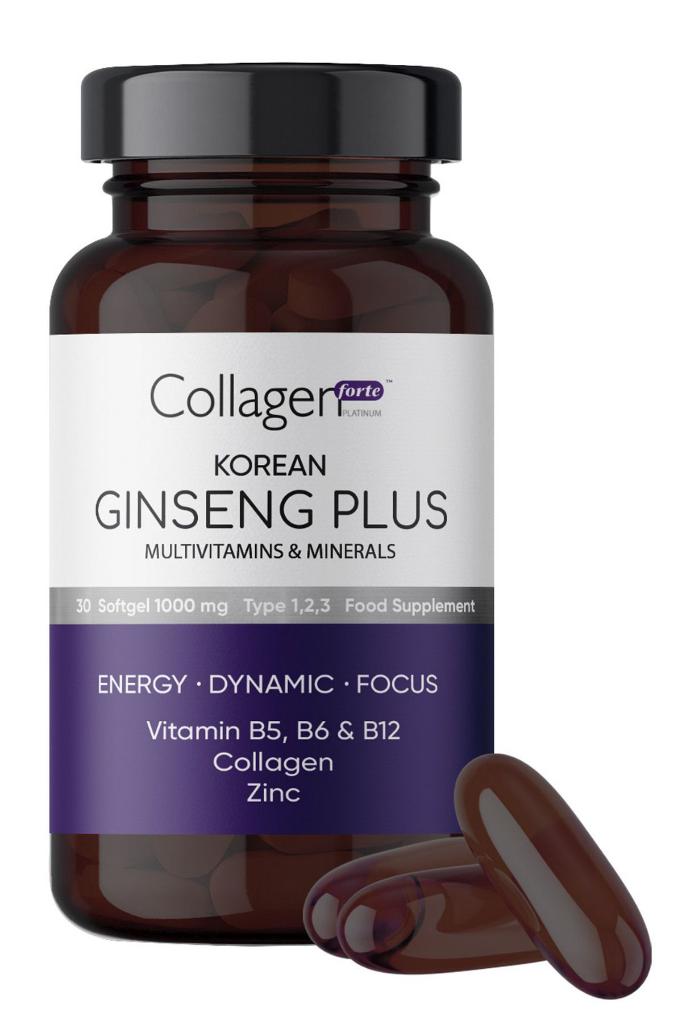 Collagen Forte Platinum Kırmızı Kore Ginseng Plus, Hidrolize Kolajen, Vitamin B5-b6-b12 & Çinko, Softgel 1000mg
