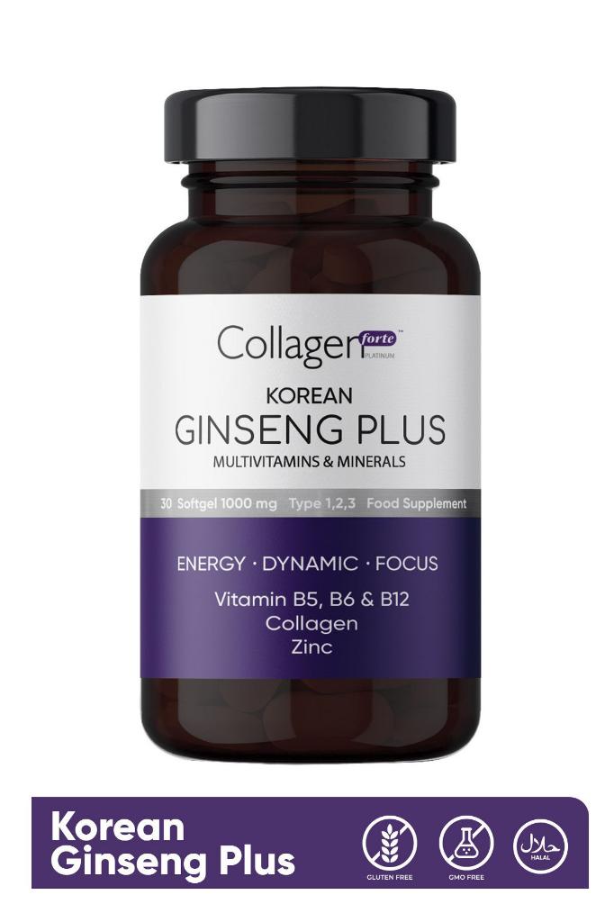 Collagen Forte Platinum Kırmızı Kore Ginseng Plus, Hidrolize Kolajen, Vitamin B5-b6-b12 & Çinko, Softgel 1000mg