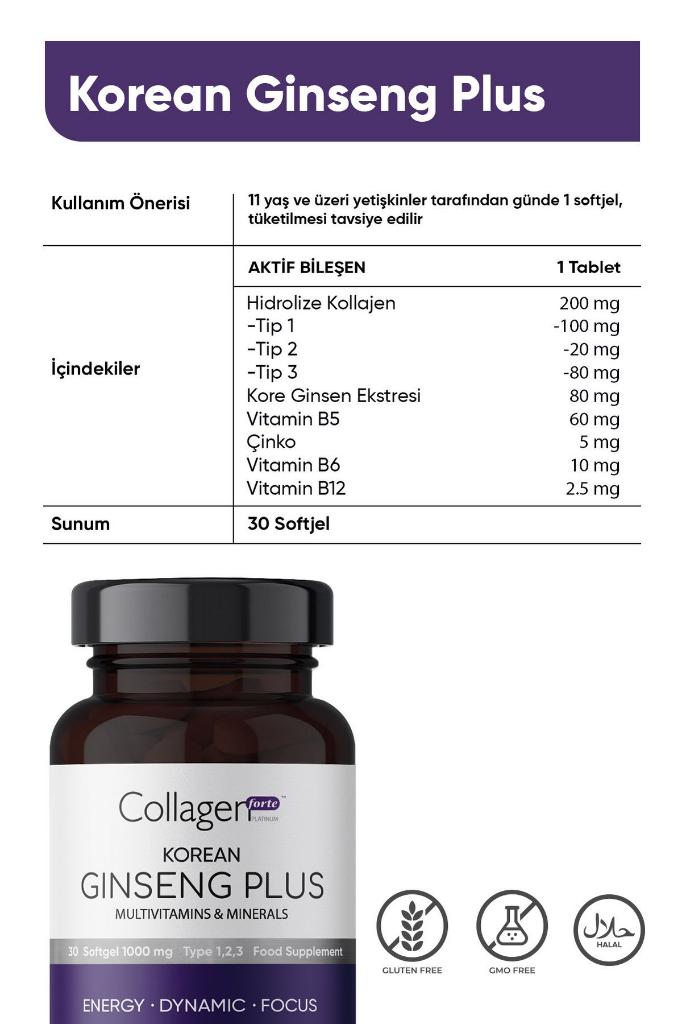 Collagen Forte Platinum Kırmızı Kore Ginseng Plus, Hidrolize Kolajen, Vitamin B5-b6-b12 & Çinko, Softgel 1000mg