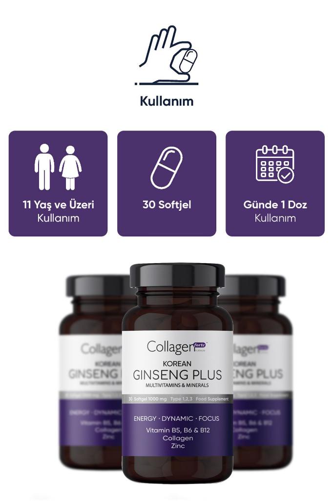 Collagen Forte Platinum Kırmızı Kore Ginseng Plus, Hidrolize Kolajen, Vitamin B5-b6-b12 & Çinko, Softgel 1000mg