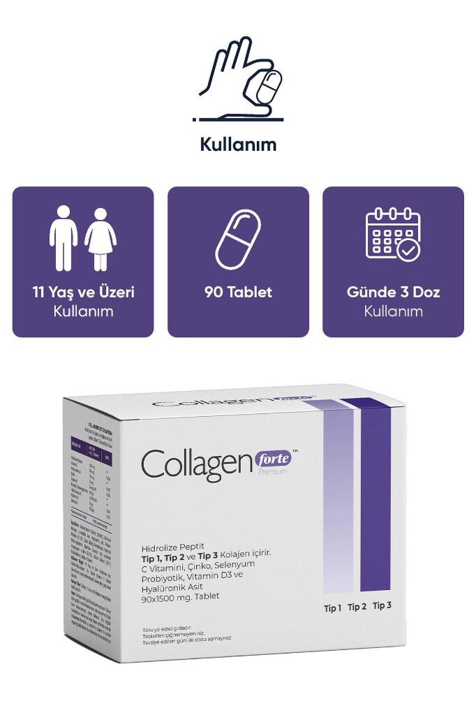 Collagen Forte Platinum Premium 3 Tip Kolajen, Hyalüronik Asit, Çinko, Selenyum, Vitamin C-e-d3 & Probiyotik, 90 Tablet