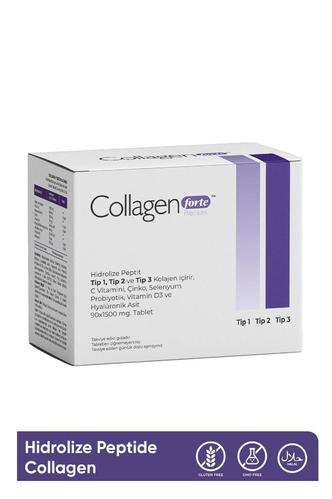 Collagen Forte Platinum Premium 3 Tip Kolajen, Hyalüronik Asit, Çinko, Selenyum, Vitamin C-e-d3 & Probiyotik, 90 Tablet