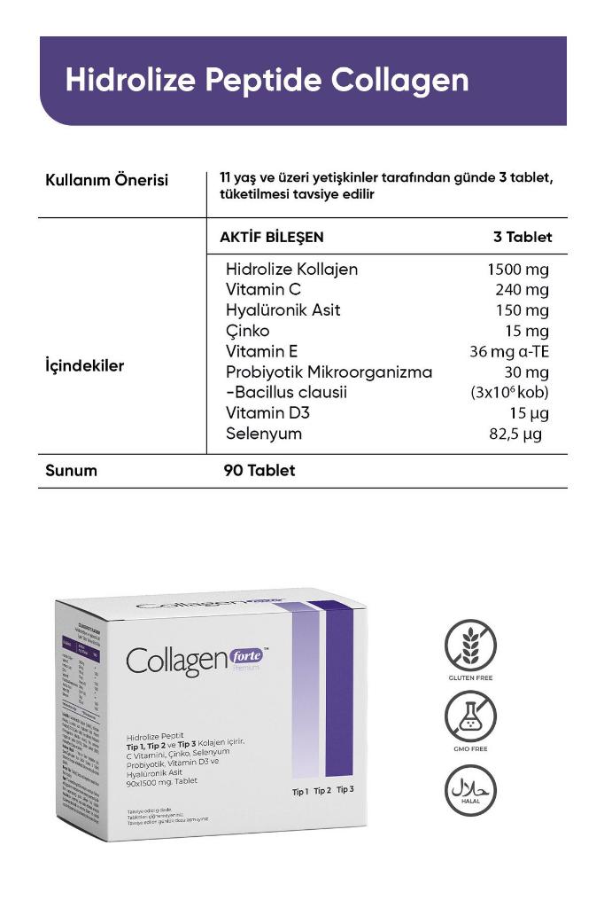 Collagen Forte Platinum Premium 3 Tip Kolajen, Hyalüronik Asit, Çinko, Selenyum, Vitamin C-e-d3 & Probiyotik, 90 Tablet