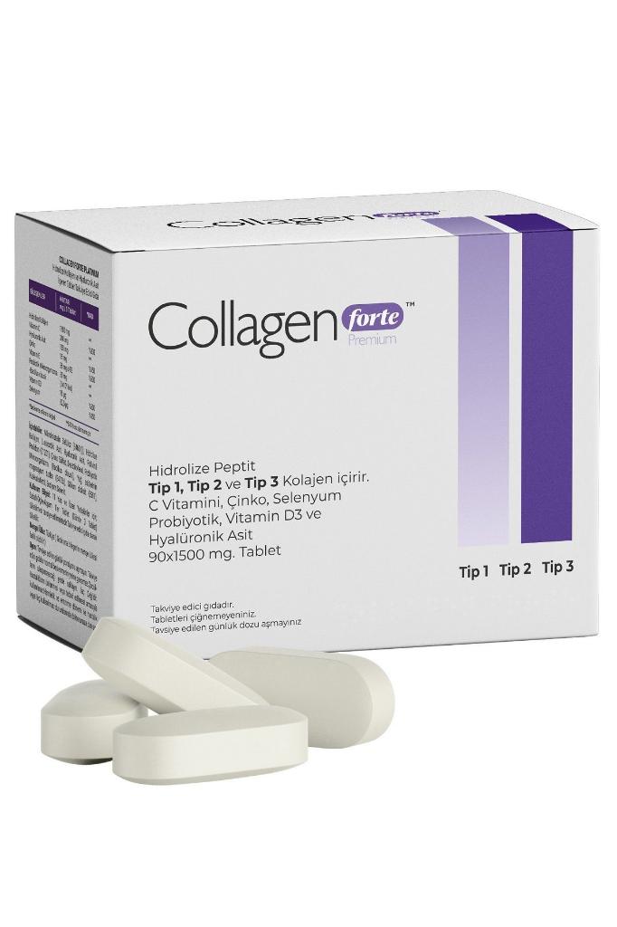 Collagen Forte Platinum Premium 3 Tip Kolajen, Hyalüronik Asit, Çinko, Selenyum, Vitamin C-e-d3 & Probiyotik, 90 Tablet