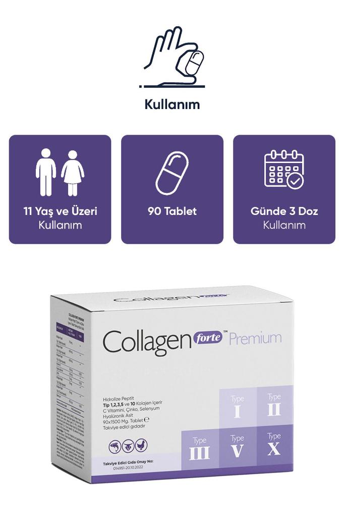 Collagen Forte Premium 5 Tip Kolajen, Hyalüronik Asit, Çinko, Selenyum & Vitamin C, 90 Tablet