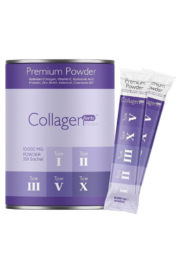 Collagen Forte Premium Powder (TOZ) 5 Tip Kolajen 10.000mg x 30 Şase, Orman Meyveli Aroma