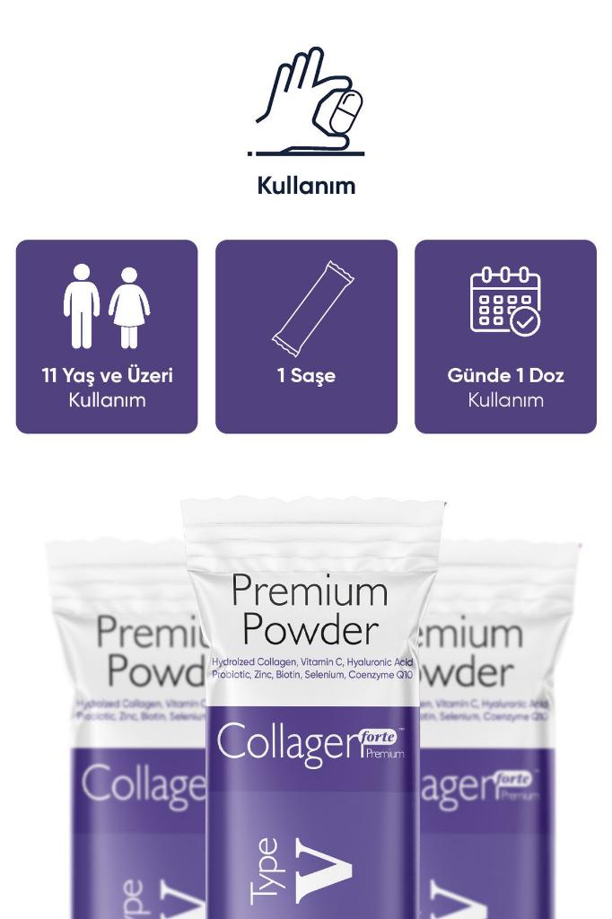Collagen Forte Premium Powder (TOZ) 5 Tip Kolajen 10.000mg x 30 Şase, Orman Meyveli Aroma
