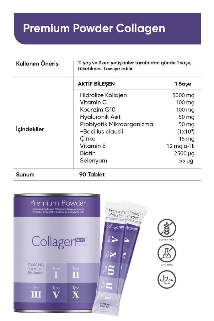 Collagen Forte Premium Powder (TOZ) 5 Tip Kolajen 10.000mg x 30 Şase, Orman Meyveli Aroma