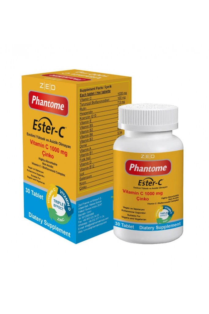 PHANTOME ESTER-C ViTAMİN C 1000 MG ,ÇİNKO ,D VİTAMİNİ ,MULTİVİTAMİN COMPLEX 30 TABLET