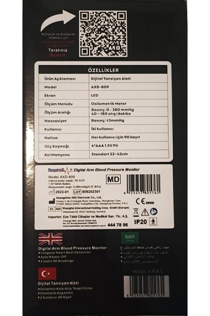 Respirox Axd809 Koldan Ölçer Konuşan Adaptörlü Tansiyon Aleti